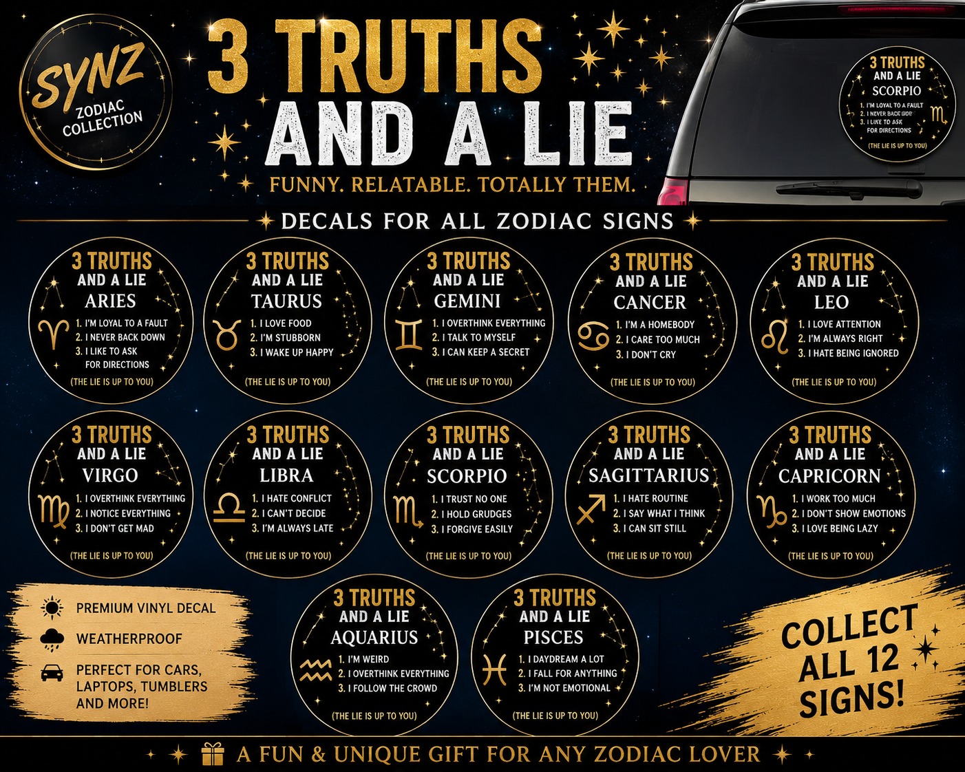 Dad Car Magnet — "3 Truths & A Lie" Funny Zodiac Dad Gift